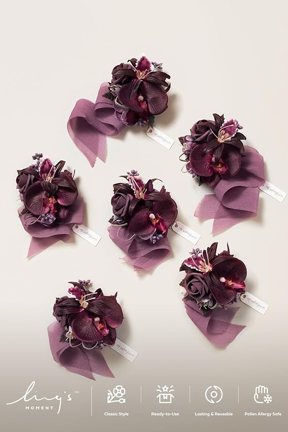Ling's moment 6pcs Wedding Wrist Corsage Artificial Flowers, Girl/Mother Homecoming Prom Corsages Wristlet Décor, etc. Deep Purple