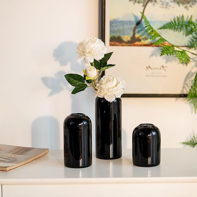 Glasseam Bud Vases for Flowers, Cute Black Vase Set of 3, Small Glass Vases for Decor, Handmade Unique Decorative Vases for Living Room Decorations, Minimalist Modern Flower Vases for Centerpieces