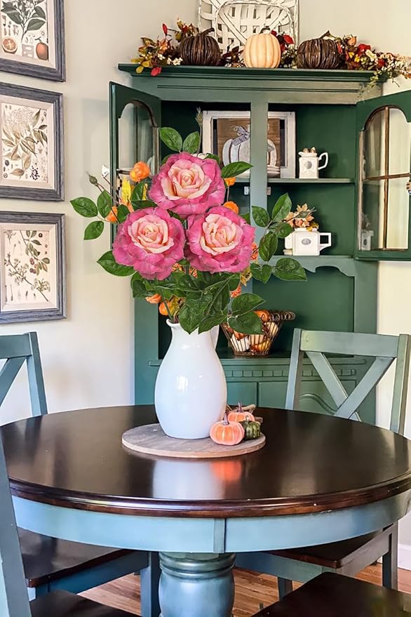 Hollyone 3Pcs Pink Roses Artificial Flowers Bouquets 26.3" Fake Flower Arrangements Silk Flowers Rose with Long Stem Floral Branch Faux Roses Flowers DIY Wedding Party Table Centerpieces Home Decor