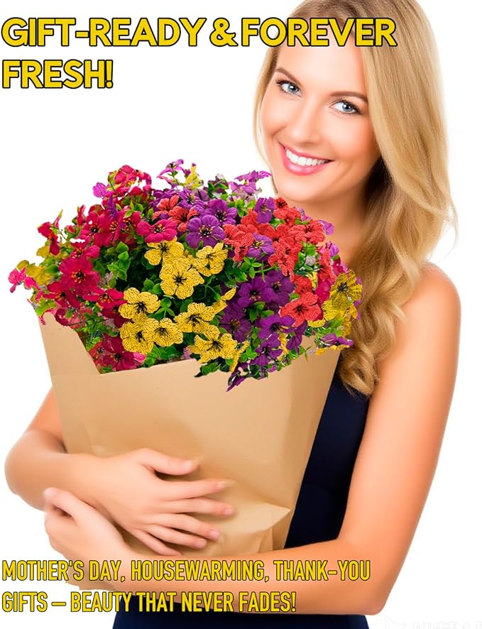 UV Resistant Daisy Faux Flowers for Outdoor Planters Hanging Basket Window Box - 18 Bundles Fake Flowers Outside with Eucalyptus, Realistic Silk Artificial Plants for Porch Garden Home Décorations