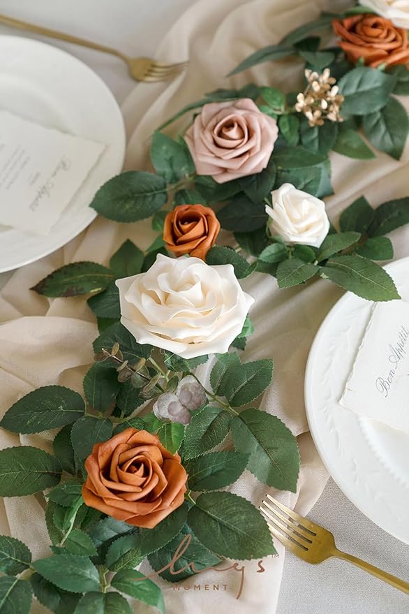 Ling's moment 5FT Terracotta Artificial Flower Garland Rust Rose Leaves Floral Garland Ivory Orange Arch Flowers Vine for Wedding Party Backdrop Decor Mantel Home Table Centerpieces Wall Decorations