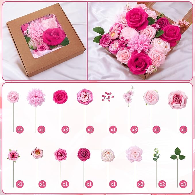 Jspupifip Pink, Hot Pink Artificial Flowers Combo Box Fake Silk Roses with Stems Hydrangea Peony Arrangement for Bridal Shower Boho DIY Wedding Cake White Flowers Table Decorations