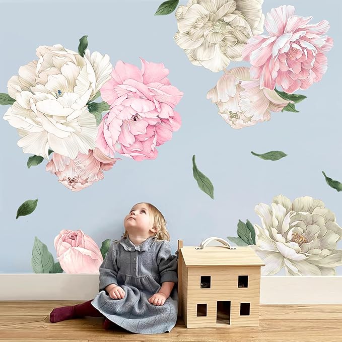 Large Pink and White Peony Wall Decals, Elegant Floral Stickers for Living Room Decor, Watercolor Vinyl Art for Bedroom, Master Bedroom & Home Decor