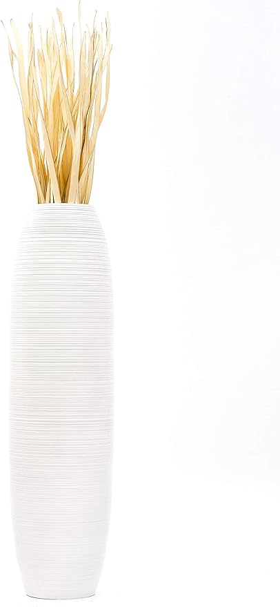 Leewadee Large 41″ Tall Floor Vase, White - Handcrafted Mango Wood for Pampas & Dried Stems