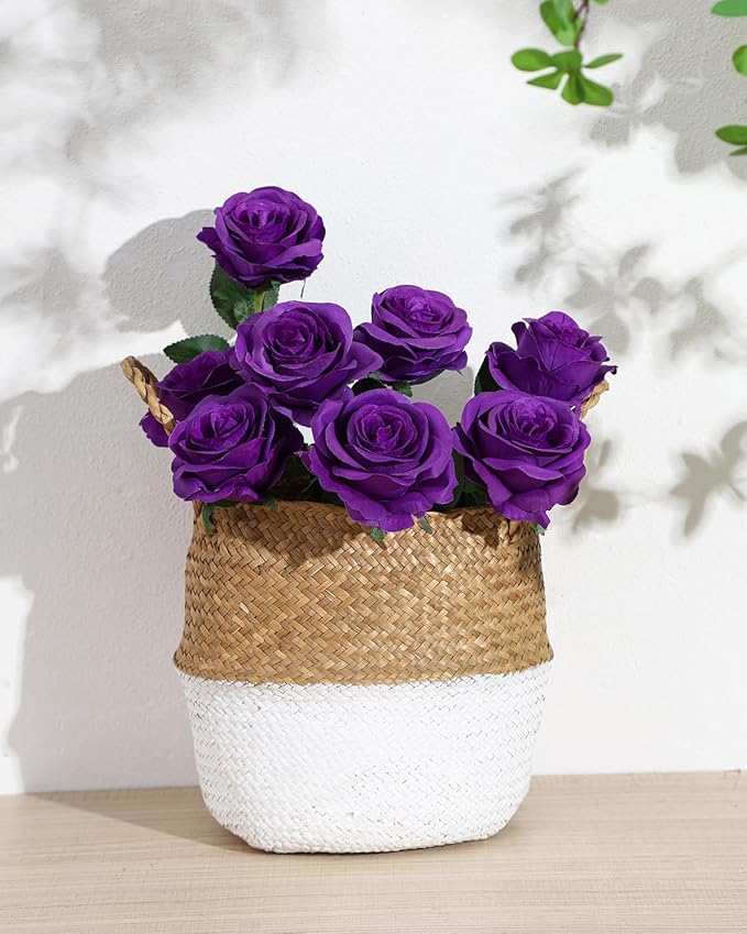 LFF 10pcs Silk Roses Artificial Flowers Fake Long Stem Roses for DIY Wedding Bouquet Home Decoration (Purple)