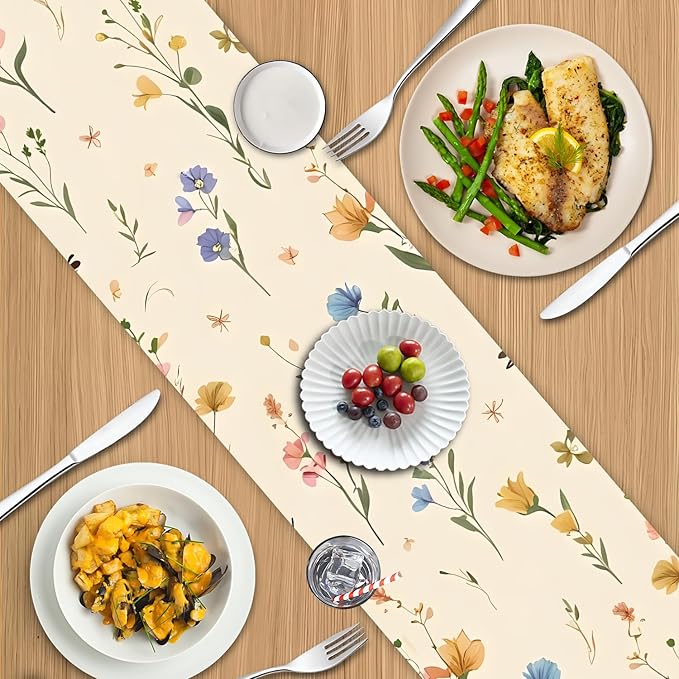 Floral Table Runner in Soft Pastel Colors – 13x72 Inch Elegant Linen-Look Fabric for Dining Table, Wedding, Spring Decor, Baby Showers, Parties & Everyday Home Decoration