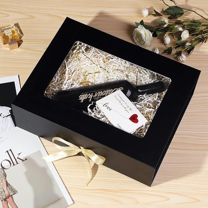 3 Pcs Black Extra Large Gift Box for Presents with Ribbon 16.5x13x5.3 Inches Clear Gift Box with Window Magnetic Closure Gift Boxes with Lids