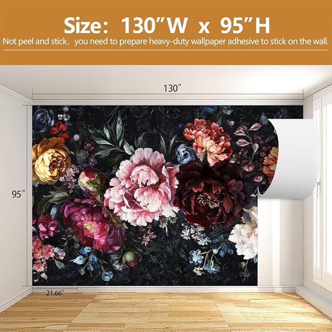 Dark Floral Wallpaper Mural Large Peony Flowers Wall Murals for Bedroom（Not Peel and Stick）
