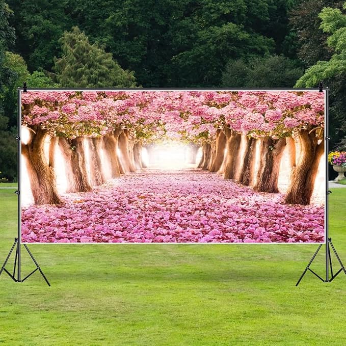 AOFOTO 15x8ft Spring Cherry Blossom Backdrop Sweet Pink Flowers Tree Floral Petal Boulevard Photography Background Baby Shower Photo Studio Props Girl Infant Adult Artistic Portrait Vinyl Wallpaper