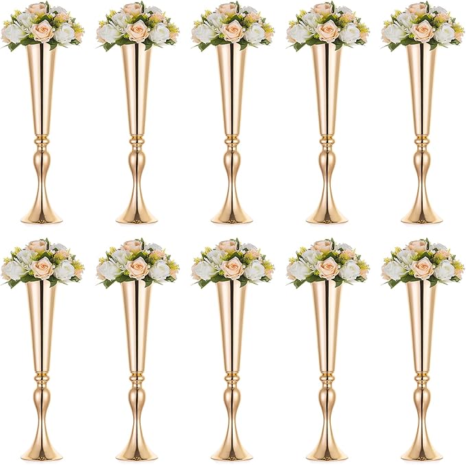 NUPTIO Gold Tall Centerpiece Table: 21.9" Trumpet Vases for Wedding Metal Flower Stand for Party Decorations Set of 10
