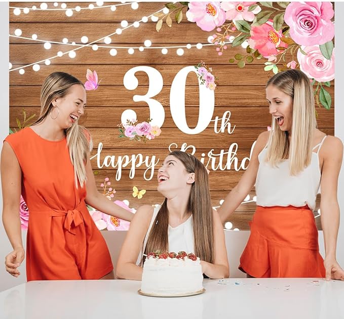 Happy 30th Birthday Decorations for Her Rustic Wooden Happy 30th Birthday Banner Backdrop Pink Floral 30 Years Old Party Decoration Photography Banner Supplies 7x5Ft