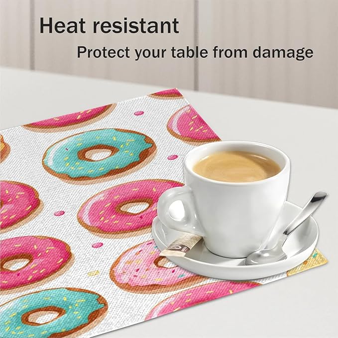 Sweet Doughnuts Placemats Set of 6, Washable Linen Place Mats, Colorful Donut Pattern Table Mats for Kitchen Dining Table Decor Heat Resistant Tablemats 12x18