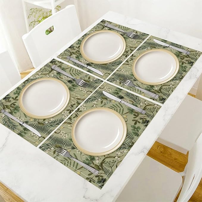 Retro Plant Placemats Set of 8, 17x12 Inch Green Leaves Retro Elegant Nature Plant Aesthetic Table Mats for Home Party Kitchen Dining Decor