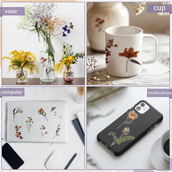 Natural Flower Sticker for Scrapbooking,PET Nature Plant Stickers Floral Stickers Vintage Craft Sticker,for Journaling Scrapbooking Clear Flower Decal (Style A)