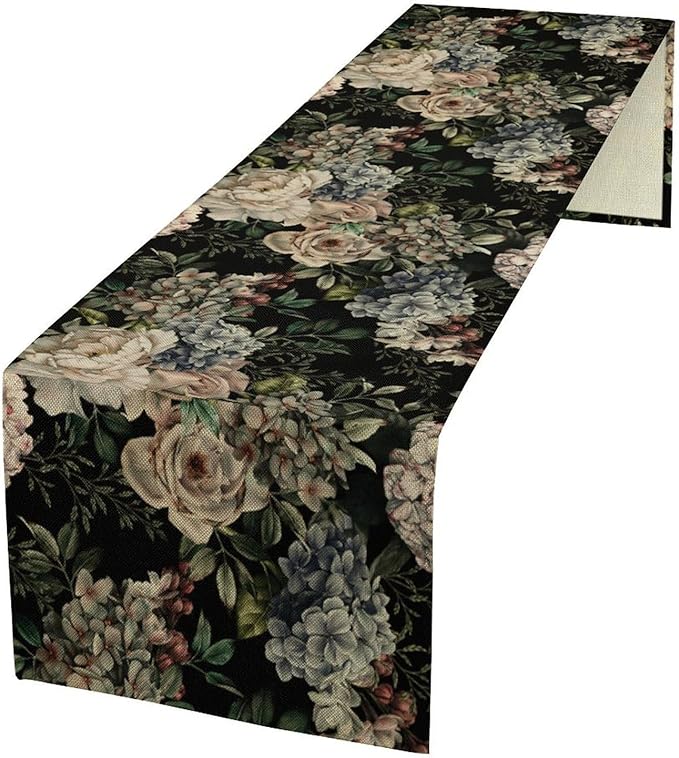 Retro Floral Table Runner, Dark Watercolor Flowers Boho Gothic Botanical Plant Art Table Runner for Indoor Outdoor Dinner Party Decor, 13x90inch