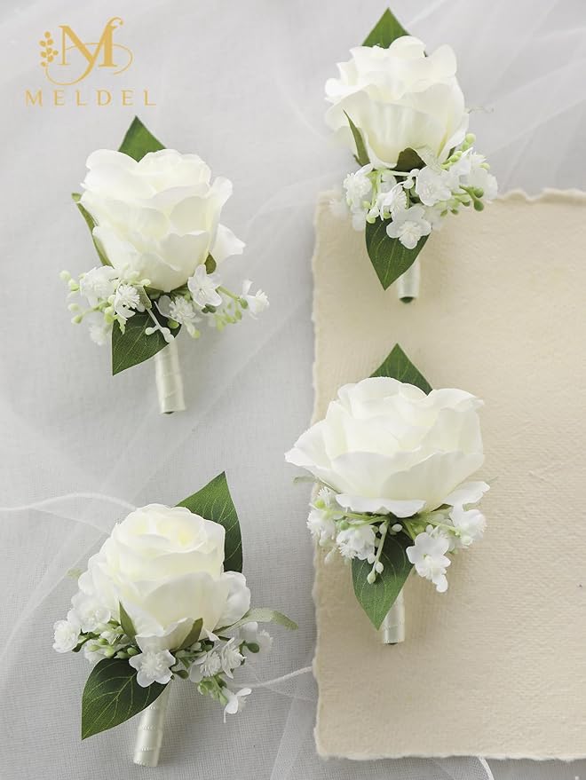 Meldel White Boutonniere for Men Wedding,Set of 6,Groomsmen Groom and Best Man Boutonniere for Wedding Prom, Rose Boutonniere for Men Wedding Ceremony Anniversary Party Homecoming