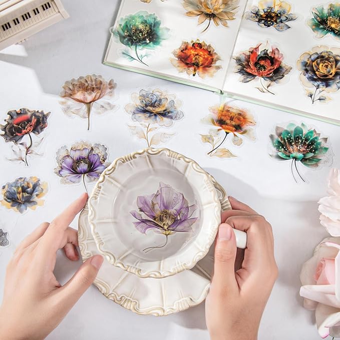 90pcs Watercolor Floral Scrapbook Stickers Set, Transparent PET Vintage Flower Stickers Decals with Smudge Effect for Journaling, Planners, Card Making, DIY Crafts and Scrapbooking