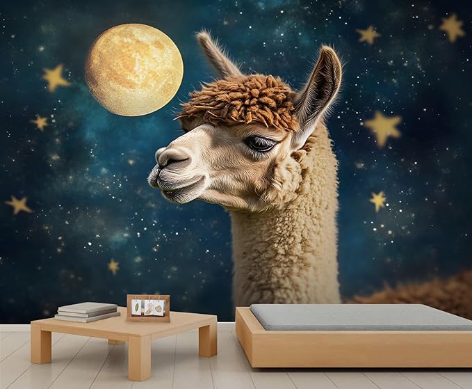 Starry Sky Alpaca Wall Mural, Dreamy Galaxy Moon Alpaca 3D Wall Murals, Cute Animal Wallpaper Mural, for Living Room Bedroom Large Wallpaper Indoor Decor 78.7" W x55.1 H