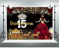 Red Dress Rose Flower Backdrops Quinceanera Birthday Backdrop for Girl Princess Happy 15th Bday Carriage Photography Props Cake Table Banner 9x6ft BJLSLU59