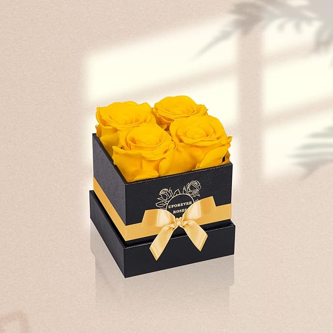 4-Piece Preserved Roses in a Box, Preserved Flowers, Roses Gift for Her, Yellow