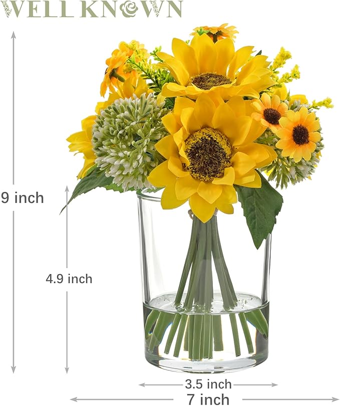 WELL KNOWN Yellow Silk Sunflower Arrangements Bouquet with Vase, Sunflower Artificial Flowers in Glass Vase for Housewarming Decoration Home Decor Office Dining Table Centerpieces