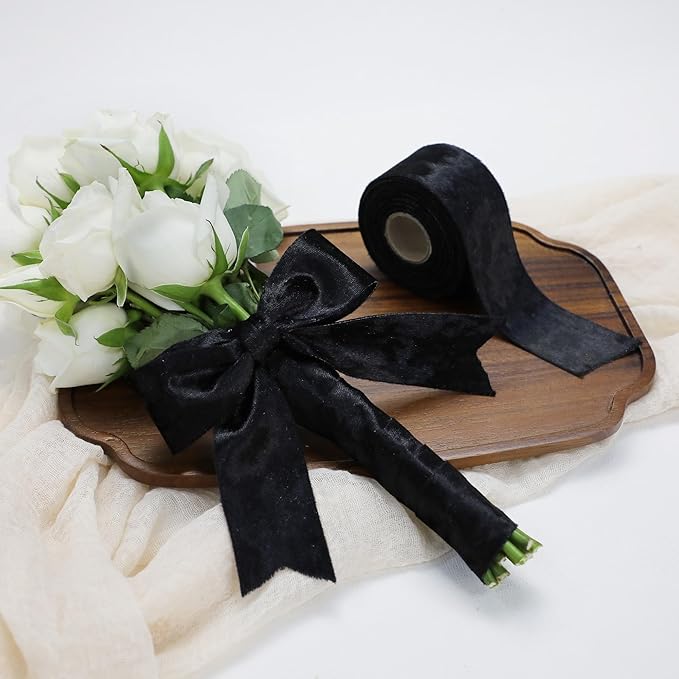 Black Velvet Ribbon for Halloween 1-1/2 inch Wide Double-Sided Glossy Fabric Ribbons for Christmas Tree Decor Gift Wrapping Flower Bouquet DIY Crafts 10Yd