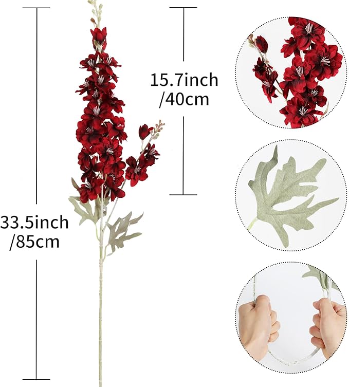 8pcs Red Delphinium Artificial Flowers 33.5in Long Stem Larkspur Fake Silk Flowers for Tall Vase Faux Flowers for Home Wedding Baby Shower Floral Arrangement Centerpiece Table Decor (Dark Red)