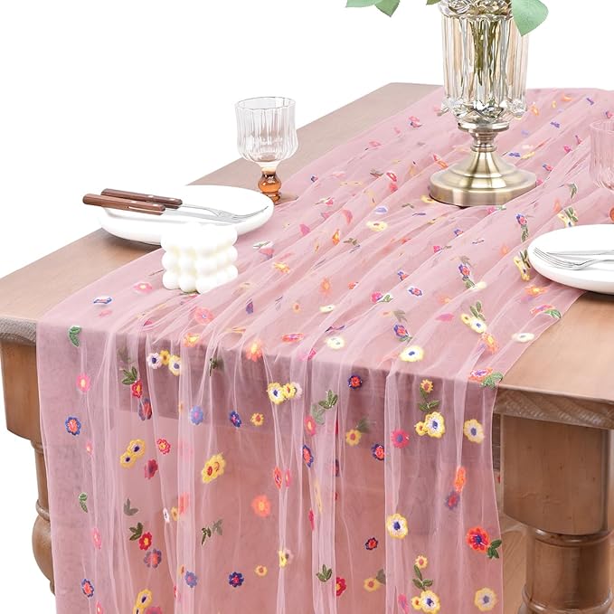 Joanlody Blushing Pink Embroidery Daisy Christmas Table Runner Florals Seasonal Tulle Table Runner Holiday Kitchen Dining Table Decoration for Home Party Indoor