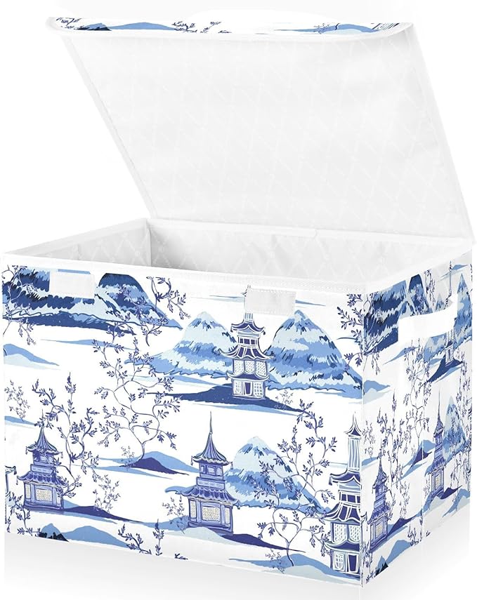 susiyo Beautiful Ink Chinoiserie Pagodas Storage Bin Large Collapsible Storage Box Stackable design Fabric Storage Bins with Lids Decorative Multi-Color Foldable Organizing Baskets For Closet, Utility