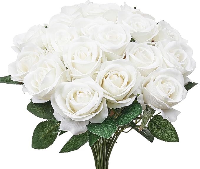 VEVOR Artificial Flowers, 60 pcs Real Looking White Foam Fake Roses Bulk, White Faux Bridal Shower with Stems for DIY Wedding Bouquets, Home Centerpieces Arrangements, Party Tables Decorations