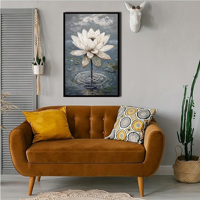 Stunning white lotus emerges from prismatic water with delicate petals background Serene aquatic wall art suitable for modern minimalist decor 20x30in Metal blackFramed