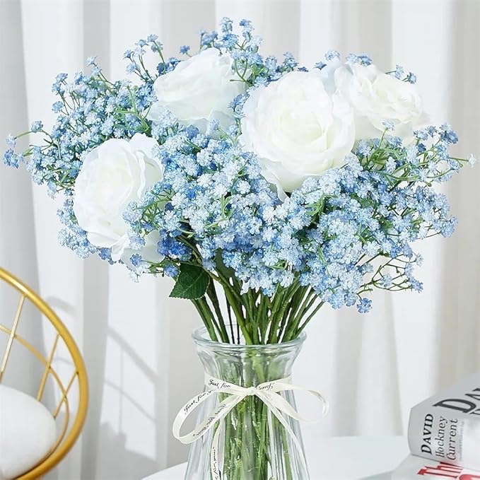 JIFTOK Babys Breath Artificial Flowers, 24 Pcs Fake Flowers Gypsophila Bouquet Fall Flowers Artificial for Decoration, Real Touch Silk Flower for Wedding Christmas DIY Party Home Garden Office (Blue)