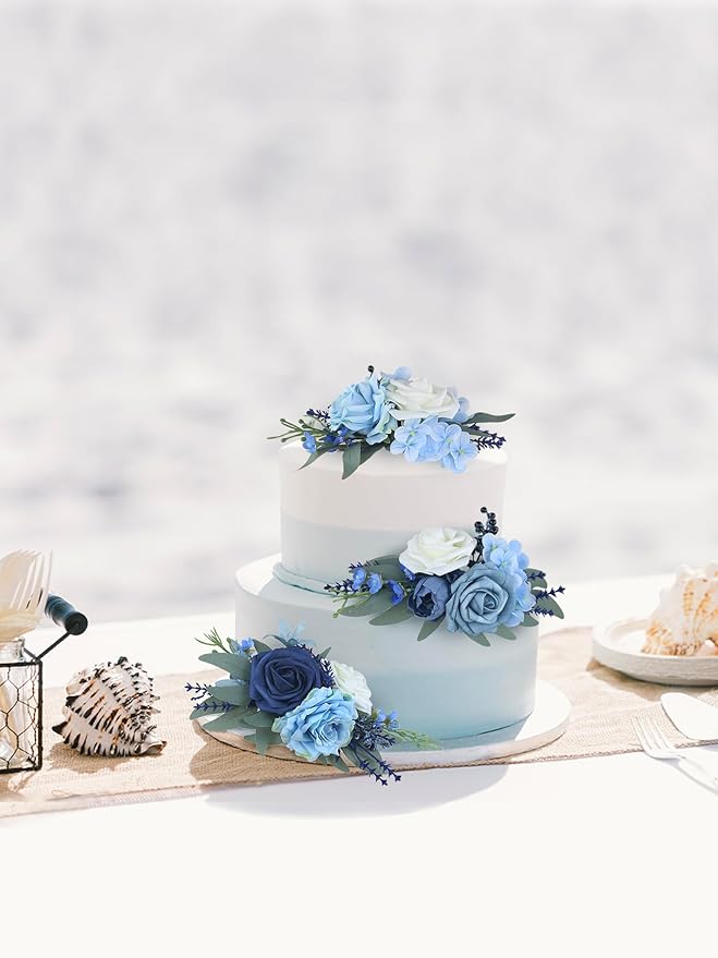 Rinlong 3Pcs Pre-made Cake Flowers Navy Blue Cake Decorations Wedding Cake Decorating Flowers Decor Christening Birthday Baby Shower Baptism Party Cake Toppers