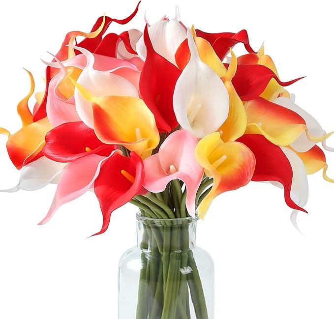 SITUMEIZI 24 PCS Artificial Calla Lily Fake Flowers Assorted Colors Silk Flower Real Touch for Mother's Day Easter Home Kitchen Decor Wedding Bouquet Office Spring Decoration