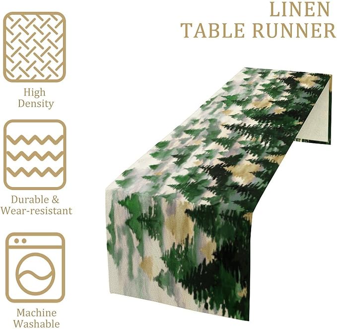 Watercolor Green Pine Trees Table Runner, Forest Woodland Tabletop Scarf Home Kitchen Holiday Decor, Seasonal Farmhouse Rustic Dining Decorations Party Supply 13 X 70 Inch