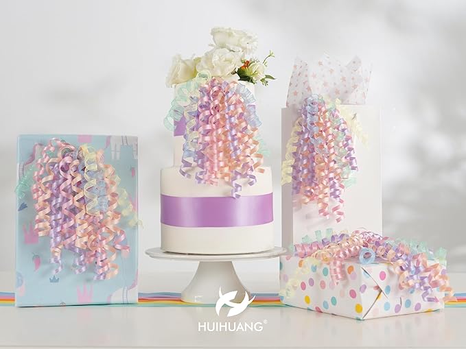 HUIHUANG Pastel Bows for Gift Wrapping 7" Pastel Rainbow Curly Gift Bow Self Adhesive & Twist Tie Ribbon Bows for Presents Gifts Easter Baskets Baby Shower Party Favors- 6 Counts