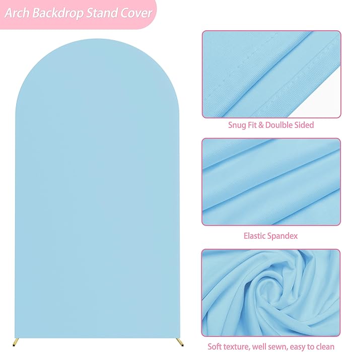 Putros 7.2ft Metal Arch Stand with Cover Dusty Blue Spandex Fitted Wedding Arch Cover and Round Top Chiara Backdrop Stand Set for Birthday Party Baby Shower Decoration