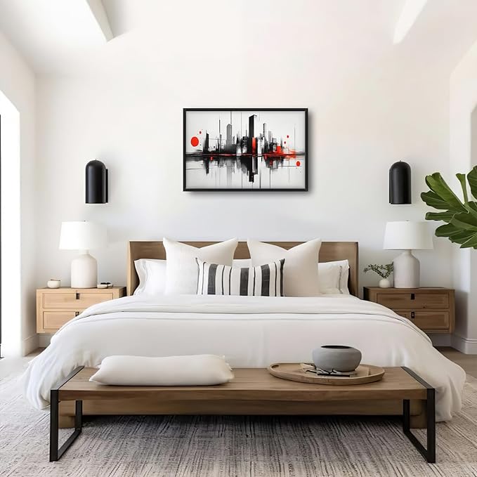 Black White Red City Wall Art City Skyline Pictures Wall Decor Large Abstract Canvas Prints Painting Framed Artwork Decoration Above Bed for Bedroom Living Room Gallery Office 36"x24"