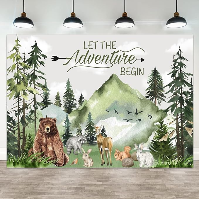 10x8ft Baby Shower Backdrop Mountain Forest Wild Animal Photography Background Cartoon Bear Woodland Green Trees White Cloud Birthday Party Banner Decorations Gender Reveal Photo Booth Prop