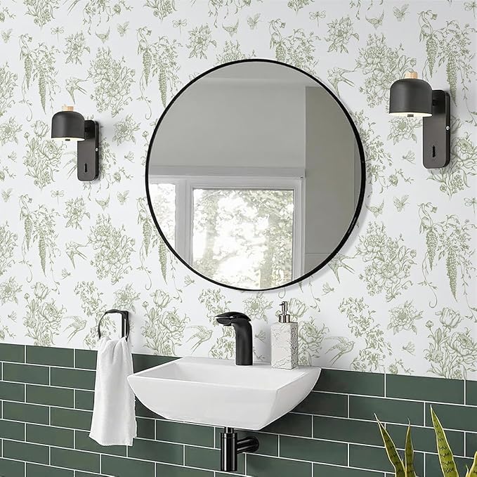 Floral Birds Wallpaper Peel and Stick Green and White Contact Paper 16.9”x 196.8” Vintage Floral Self Adhesive Removable Wallpaper Green Flower Contact Paper for Bathroom Kitchen Decor
