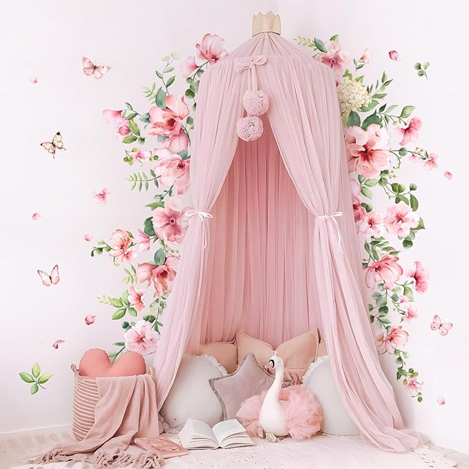 Pink Flower Wall Stickers, Spring Garden Floral Wall Decals 10 Sheets DIY Peel and Stick Wall Decal Self Adhesive Wall Art Decor for Bedroom Sofa Backdrop Cabinets Drawers