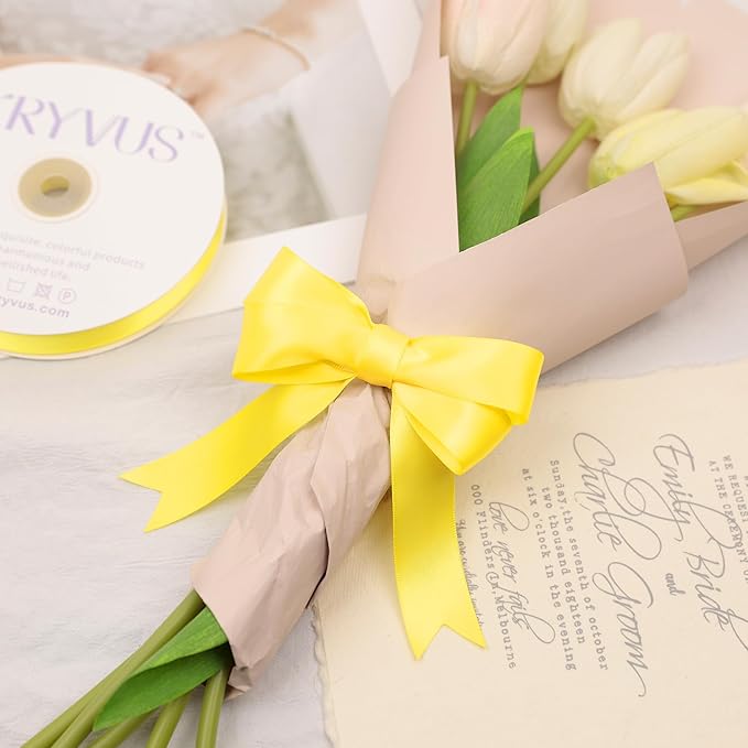 Daffodil Yellow Satin Ribbon, Double Faced 1 Inch X 25 Yards Daffodil Ribbon, Premium Satin Ribbon for Gift Wrapping, Crafts, Hair Bow Making, Sewing, Flower Bouquet, Wedding Party Decor
