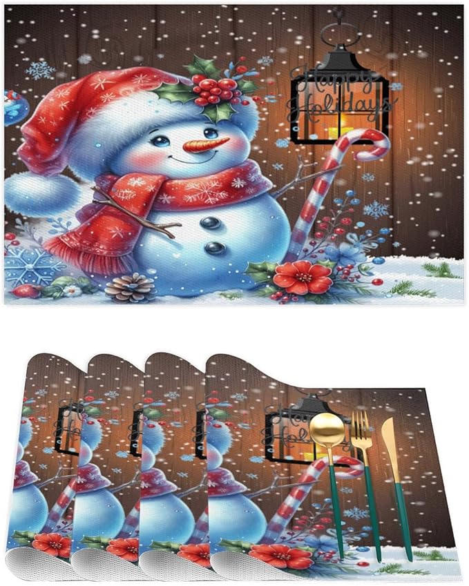 Christmas Art Snowman Snowflake Placemats Set of 6 PVC Vinyl Non Slip Table Mats Heat Resistant Place Mats Washable Wipeable Dining Table Mat for Kitchen Decor Party Indoor Outdoor Decorative Gift