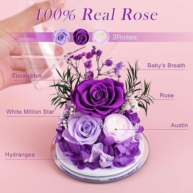 FIACO Gifts for Women Mom Christmas Preserved Rose Fresh Flowers for Delivery Birthday Gifts for Grandma Mother Wife Friends Forever Flower Eternal Purple Roses in Glass Angel Figurines