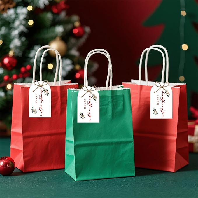 60Pcs Merry Christmas Gift Tags, 3.3x2.1 Gold Foil Xmas Presents Tags with String, Holiday Gift Tags with Berry for Winter New Year Party Candy Bag Envelope Gift Favor