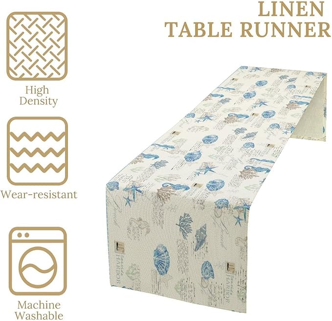 Starfish Table Runner,Vintage Nautical Seashell Tropical Beach Theme Coastal Ocean Sea Burlap for Hotel Indoors Outdoor Dining Room Kitchen Tablecloth, 13x108in