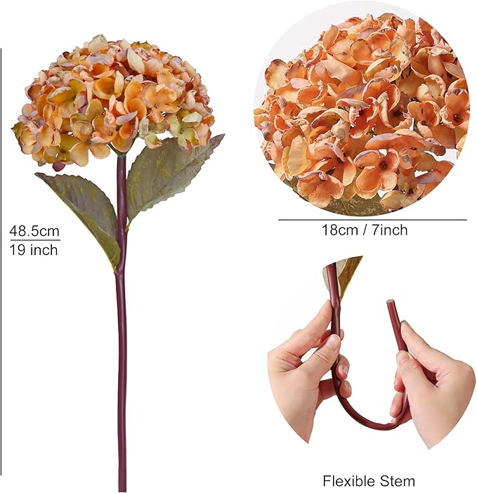 Fall Artificial Dried Hydrangea Flowers, Vintage Orange Dried Look, Faux Fall Flowers, Single Stem (Orange, 4pcs)