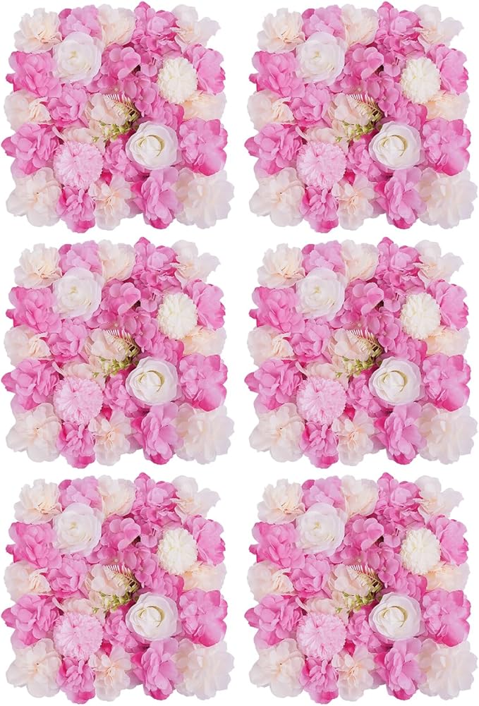 JJIESHENG Flower Wall Panels 3D Flower Wall Backdrop, 6Pcs Artificial Flower Wall Panel Silk Rose Floral Decorative Faux Flower Wall Background for Wedding Home Decoration (White, Pink, 15 * 15in)