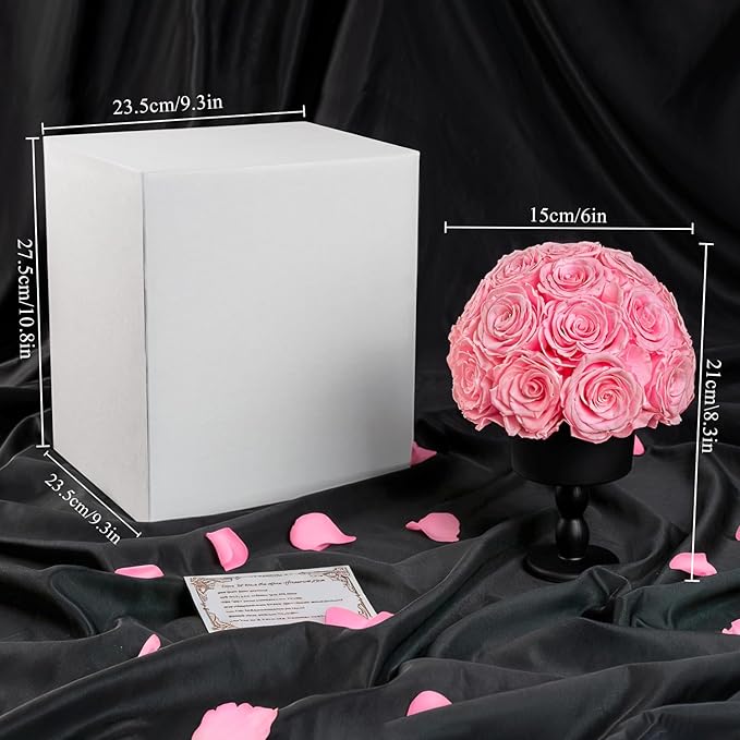 Eternal Rose Dome with Vintage Pedestal, 23 Forever Preserved Roses Arrangement for Home Decoration, Ideal Gift for Christmas,Valentine's Day, Mother's Day, Birthdays-Pink