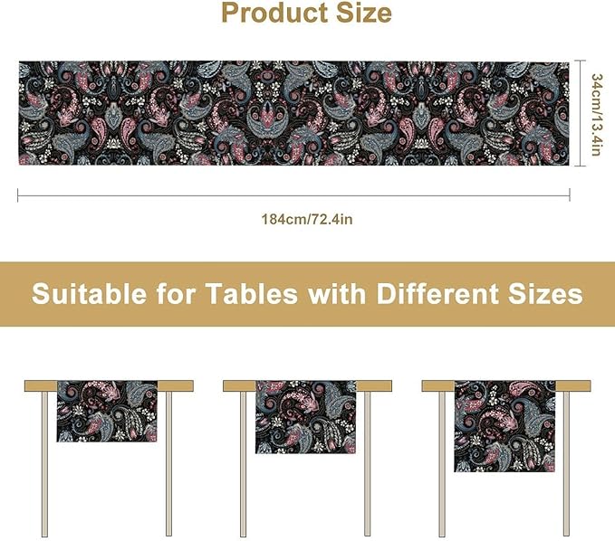 Bohemian Table Runner, Black Blue Pink Paisley Floral Boho Decor Table Runner for Kitchen Dining Home Party, 13x60 Inch